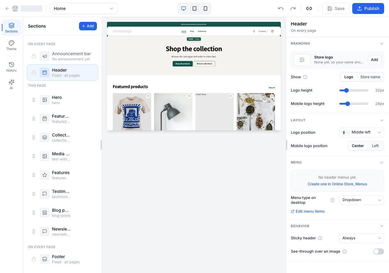The header's settings: Branding with the logo's sizes, Menu with Menu type on desktop, and Behavior