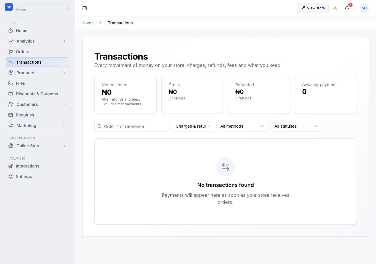 Transactions: net collected, gross, refunded and awaiting payment, above the list