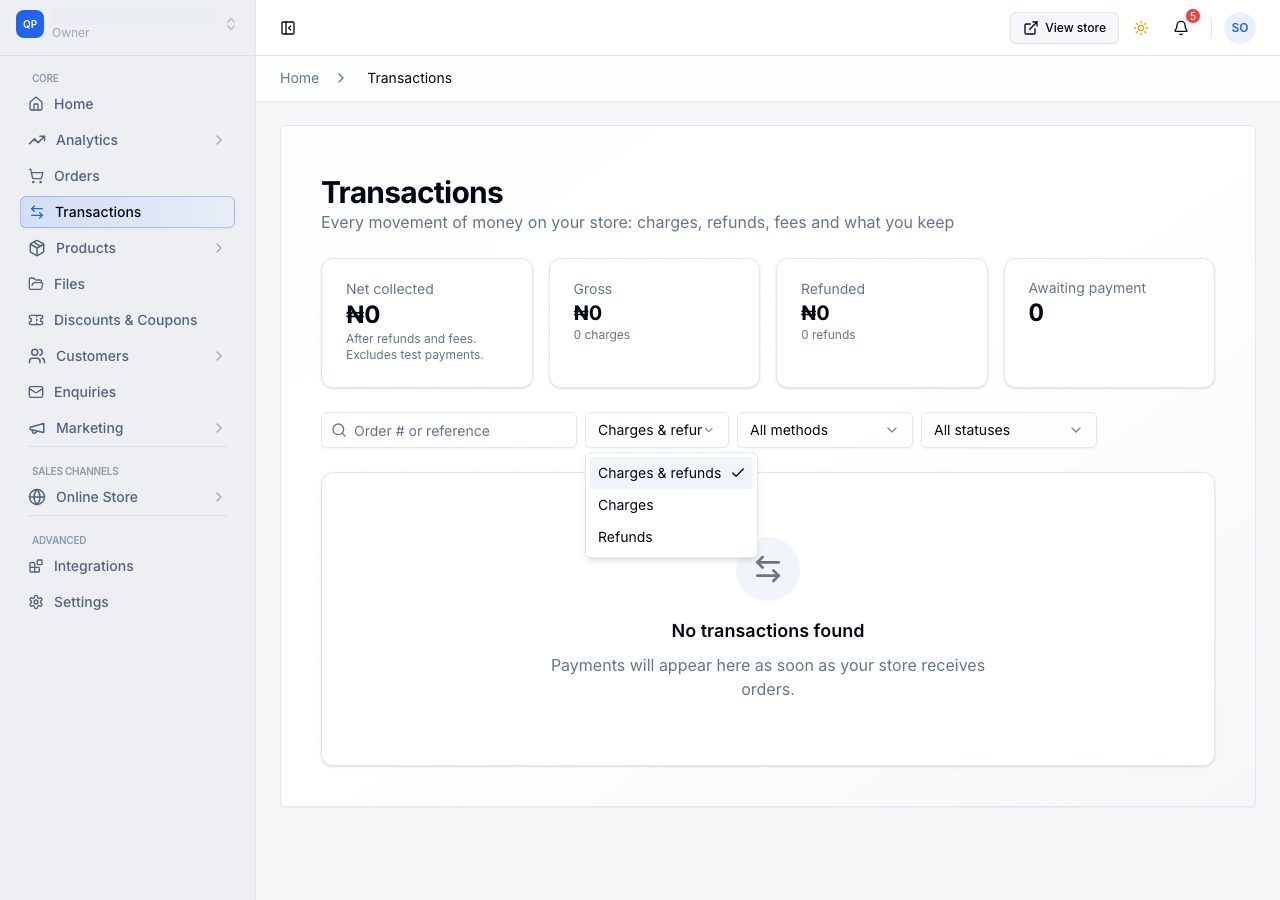 The type filter: charges and refunds, charges only, refunds only