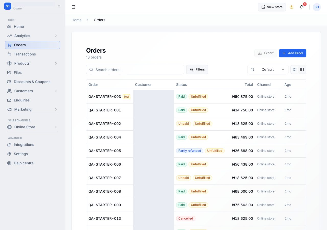 The Orders list, with paid, unpaid, partly refunded and test orders side by side