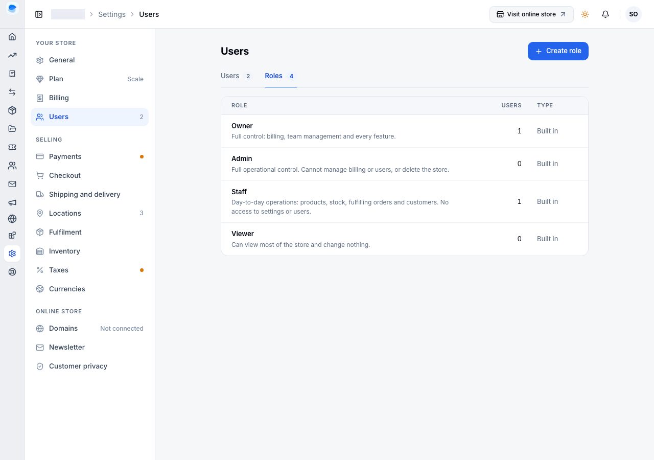Settings, Users, Roles