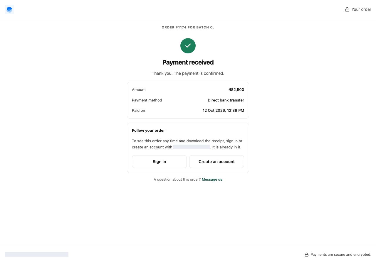 The order link once paid: payment received, how and when it was paid, and a way into their account