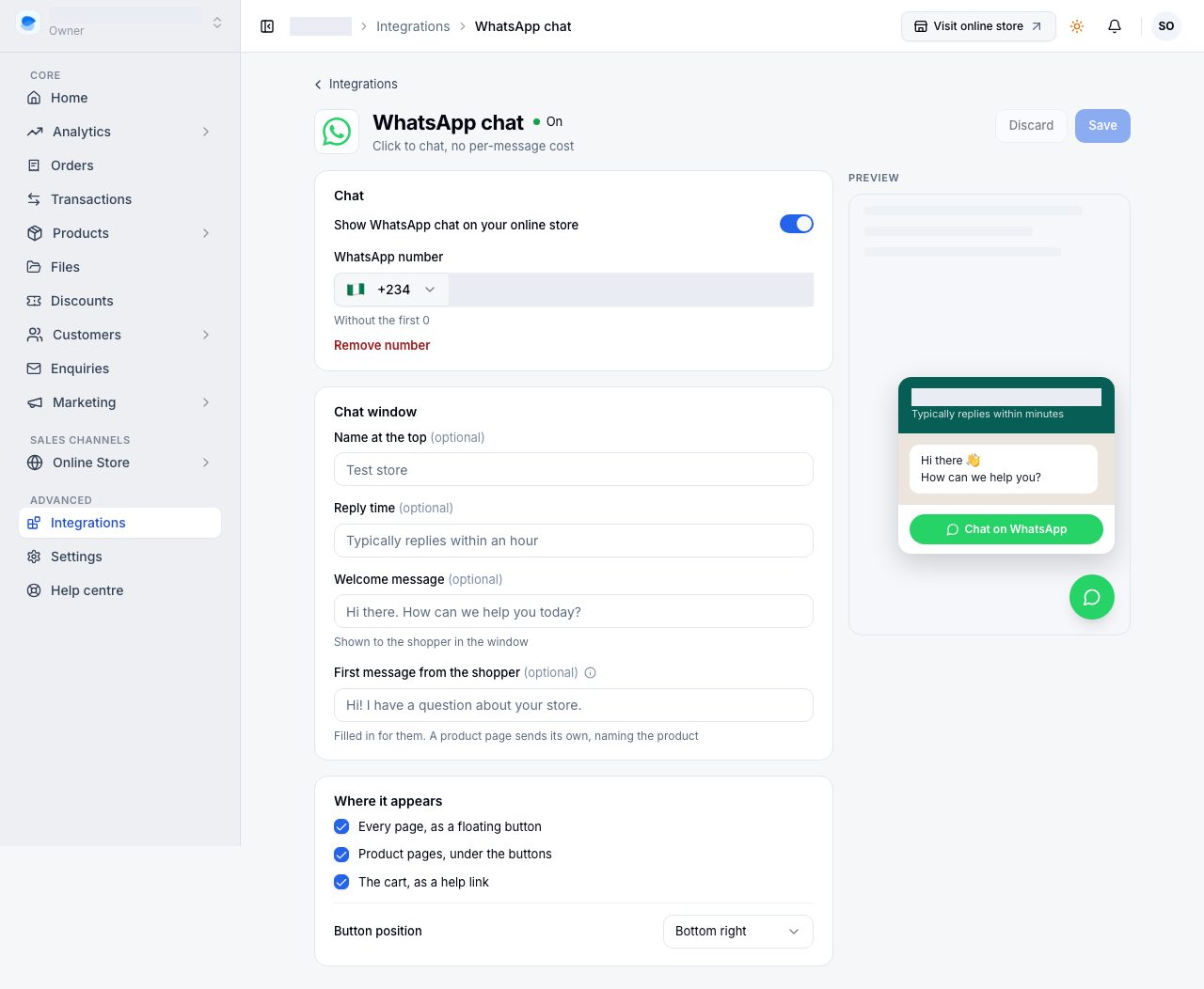 WhatsApp chat in Integrations