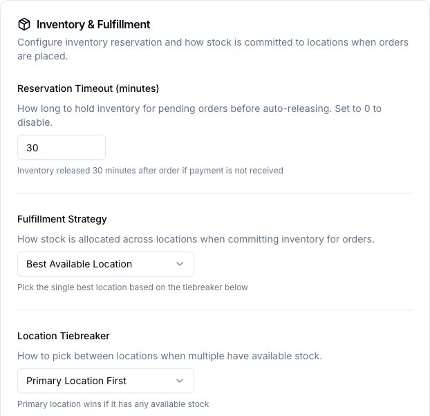 Inventory and fulfillment: reservation timeout, fulfillment strategy and location tiebreaker