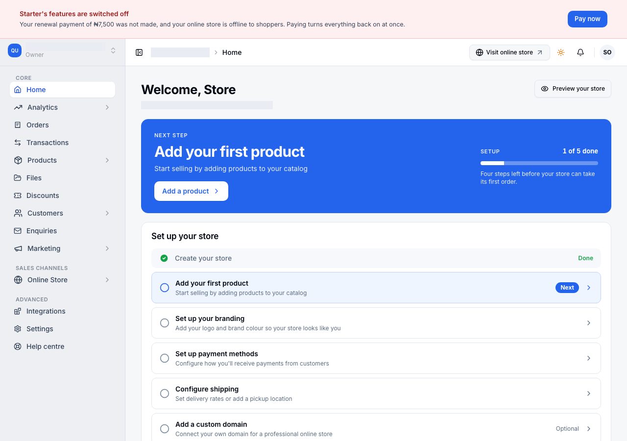 The banner across Admin when the online store is offline