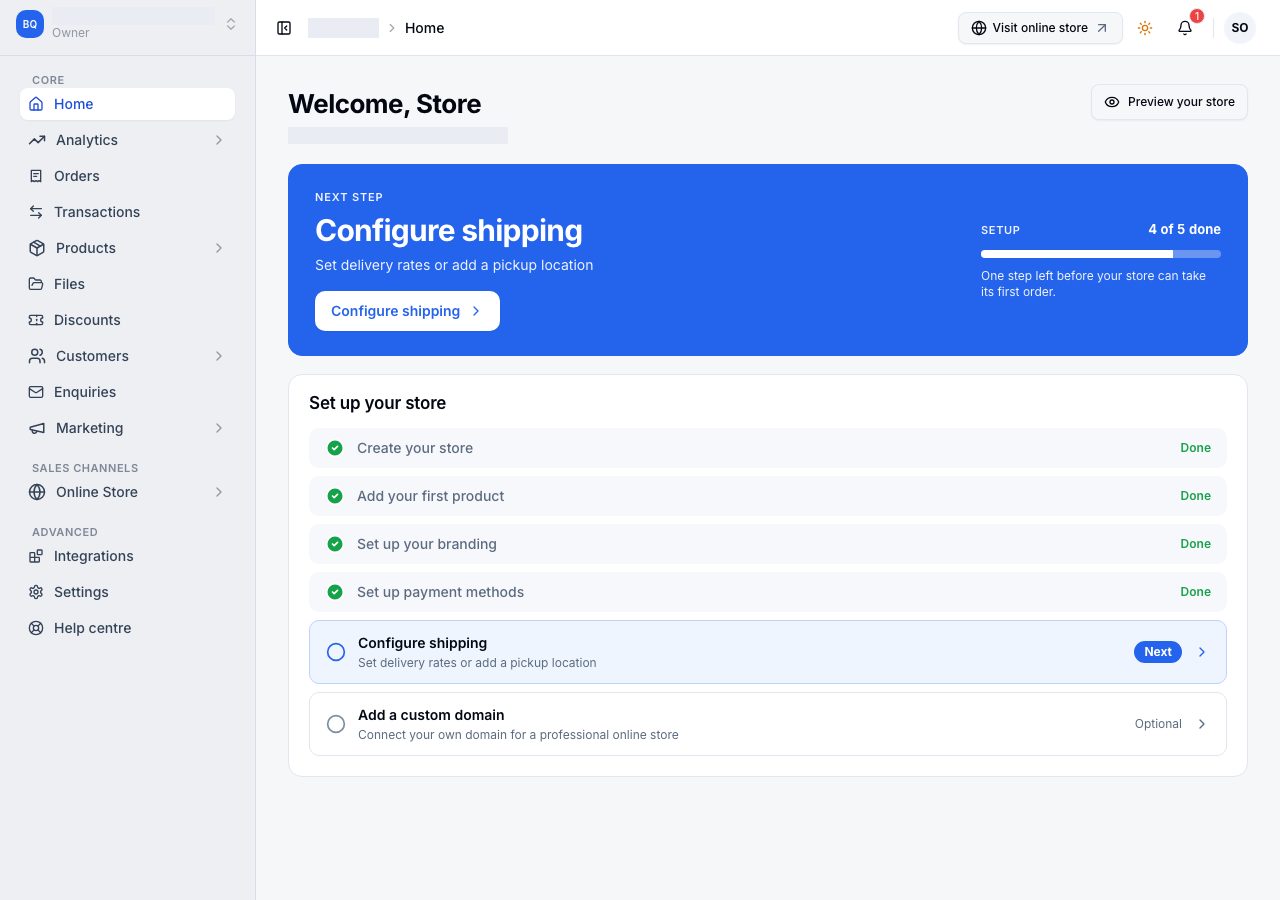 Home while you set up: the next step in the blue panel, the checklist under it