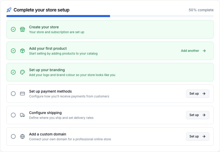 The six rows of Complete your store setup