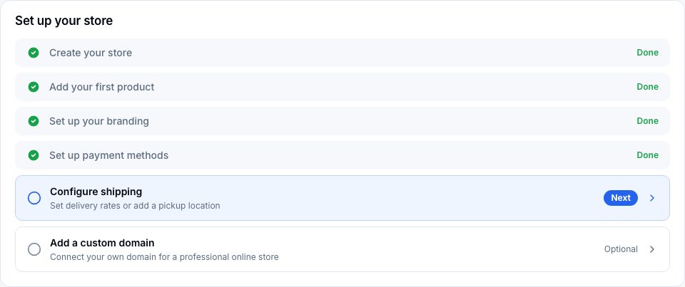 The six rows of Set up your store, with one marked Next