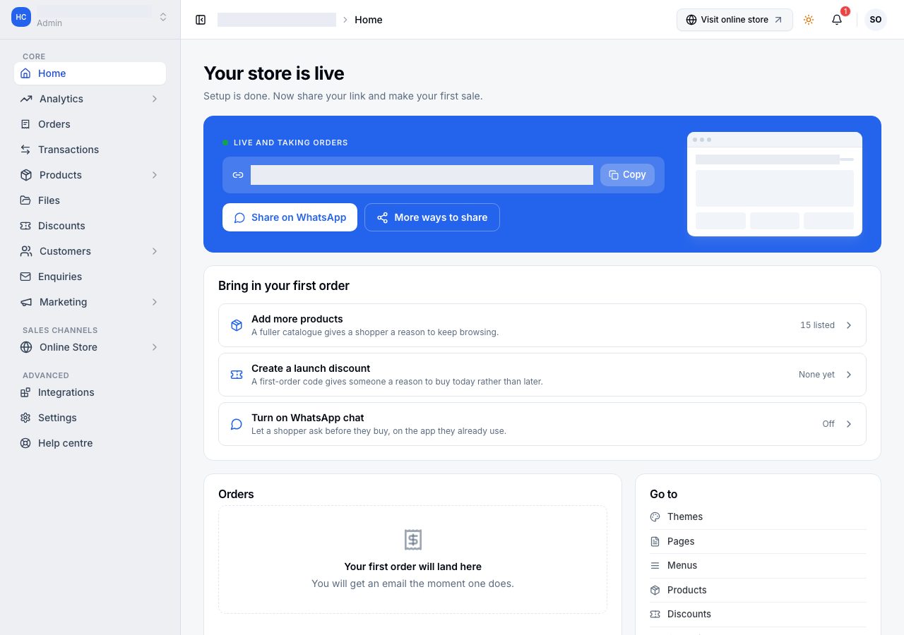 Home once setup is done: your store's address to share, and three ways to bring in a first order