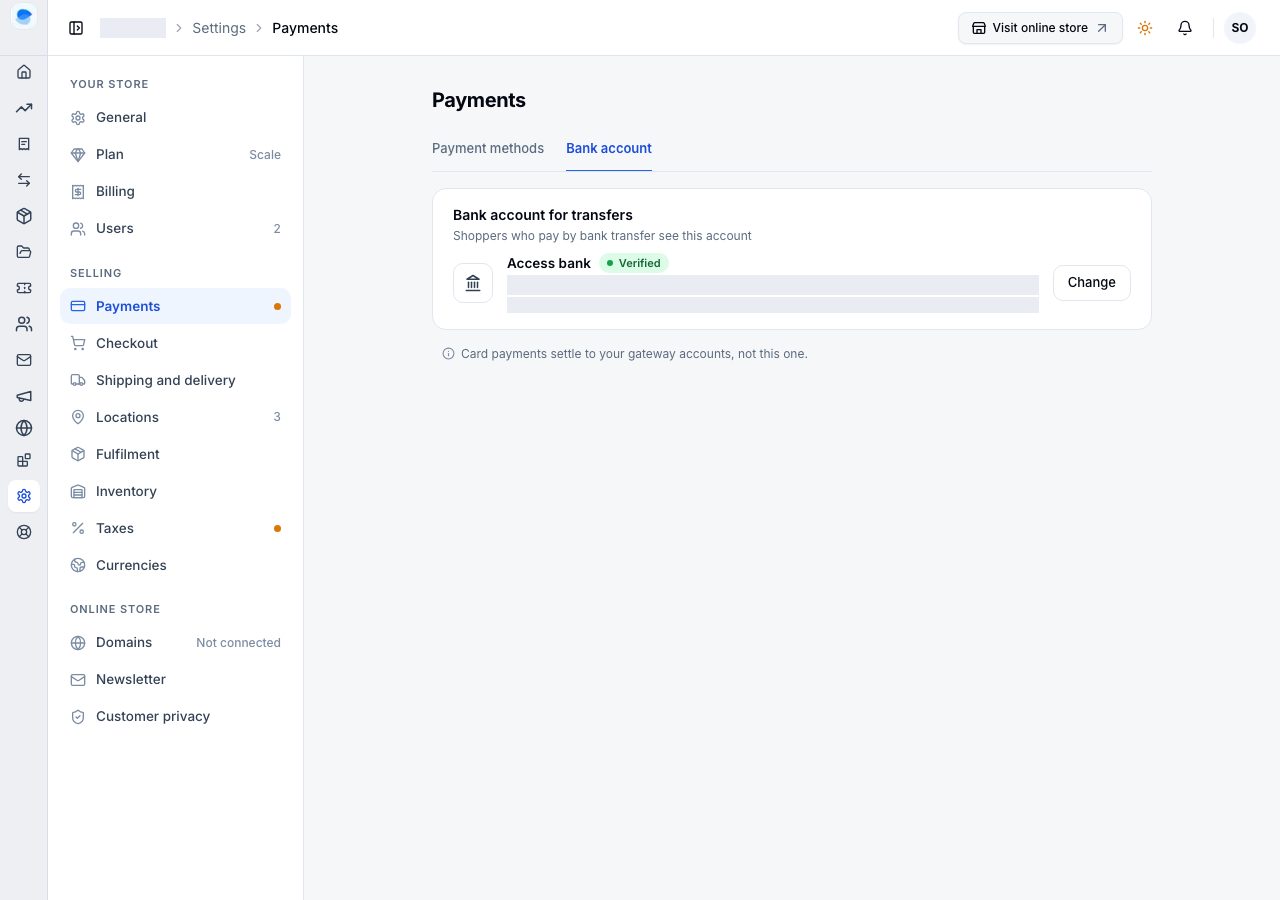 Settings, Payments, Bank account