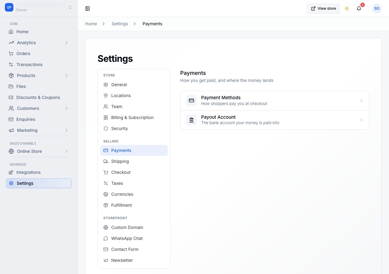 Settings, Payments: Payment Methods and Payout Account
