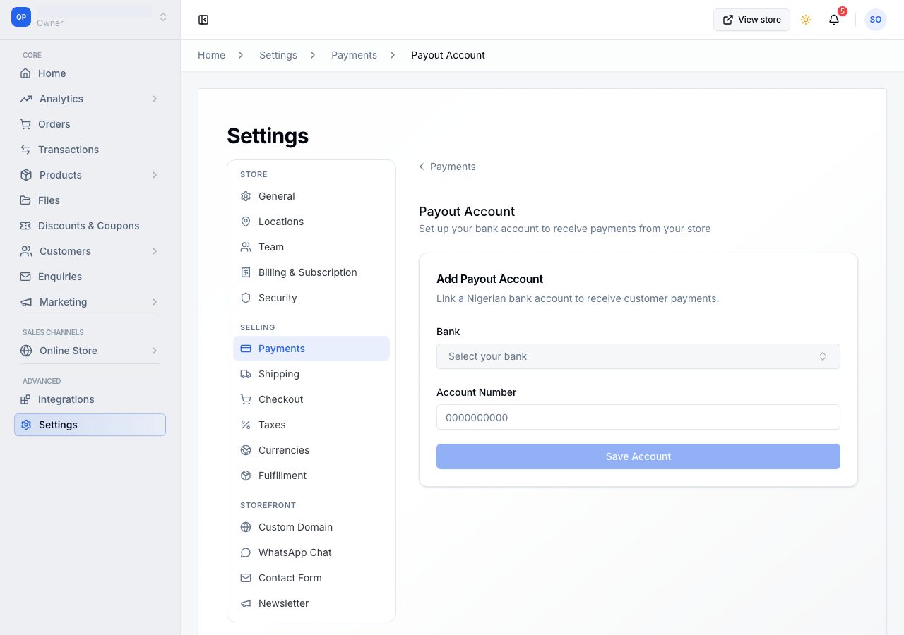 Add Payout Account: bank, account number and Save Account